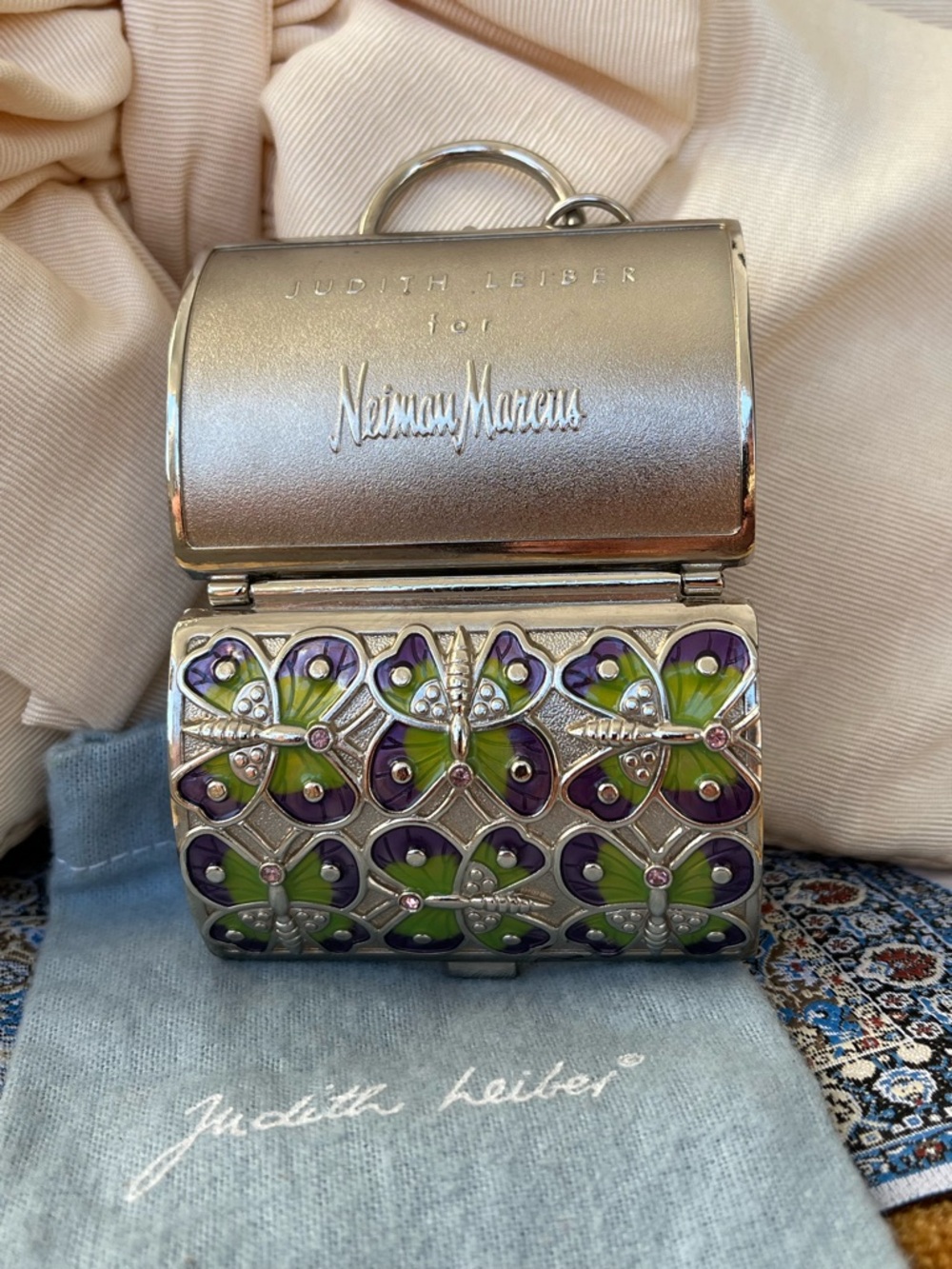 Judith Leiber Purple and Green Butterfly Minaudière Pillbox Trinket Box - Picture 10 of 12